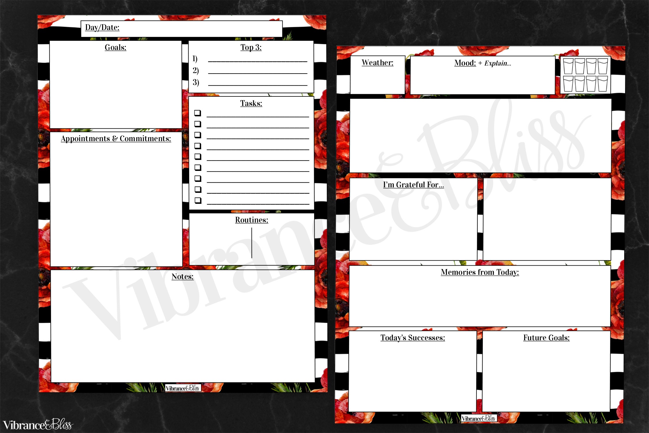 The Daily Planner (2p) features floral and striped borders, plus sections for date, goals, top 3 tasks, to-do list, appointments, routines, notes, weather, mood, gratitude, memories, successes & future goals.