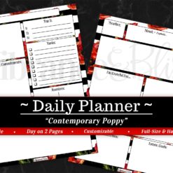 Bundle: Planner Basics in Contemporary Poppy includes two printable daily planner pages with red poppy borders and a black marble background. Features sections for goals, appointments, routines, schedule, meals, weather, gratitude, and notes.