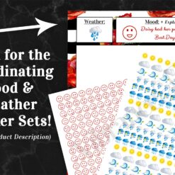 A promotional image for the Daily Planner (2p) shows mood and weather sticker sheets with icons like smiley faces, clouds, rain, and sun. Text reads: “Look for the Coordinating Mood & Weather Sticker Sets!” with a white arrow pointing to examples.