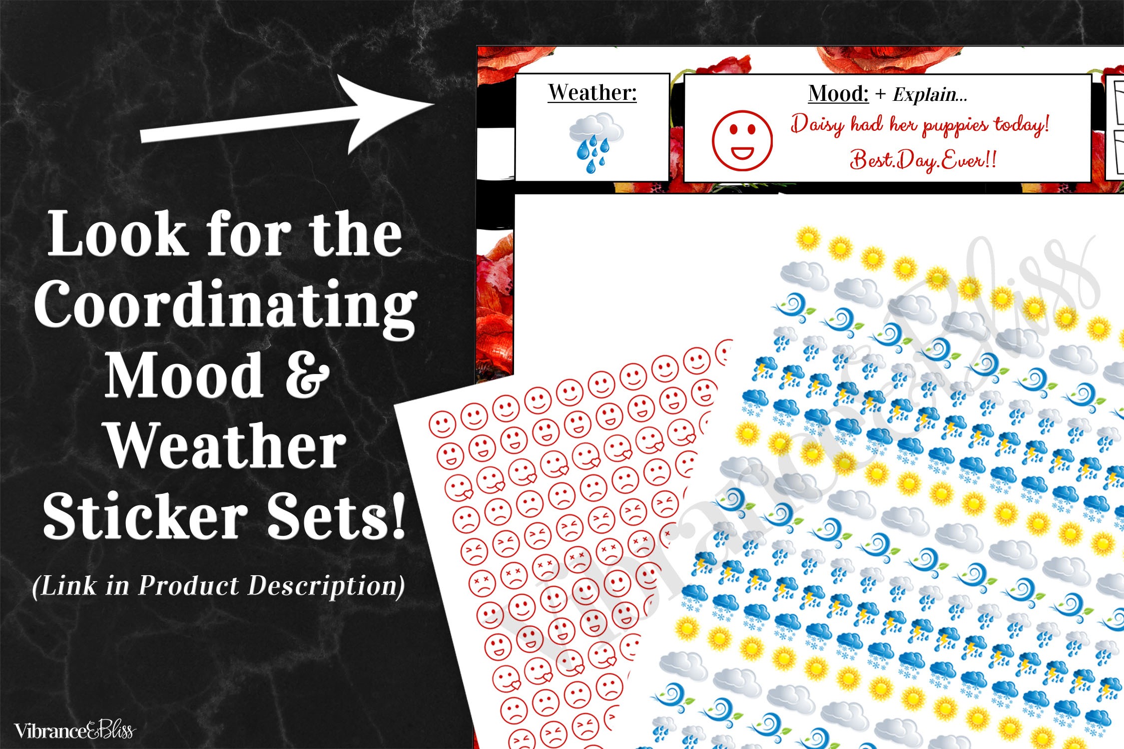 A promotional image for the Daily Planner (2p) shows mood and weather sticker sheets with icons like smiley faces, clouds, rain, and sun. Text reads: “Look for the Coordinating Mood & Weather Sticker Sets!” with a white arrow pointing to examples.