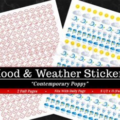 Two printable sticker sheets from the Bundle: Planner Basics in Contemporary Poppy—one with red gradient mood faces (sad to happy), and one with sun, clouds, rain & storm weather icons. Text overlay: “Mood & Weather Stickers—Contemporary Poppy.”.