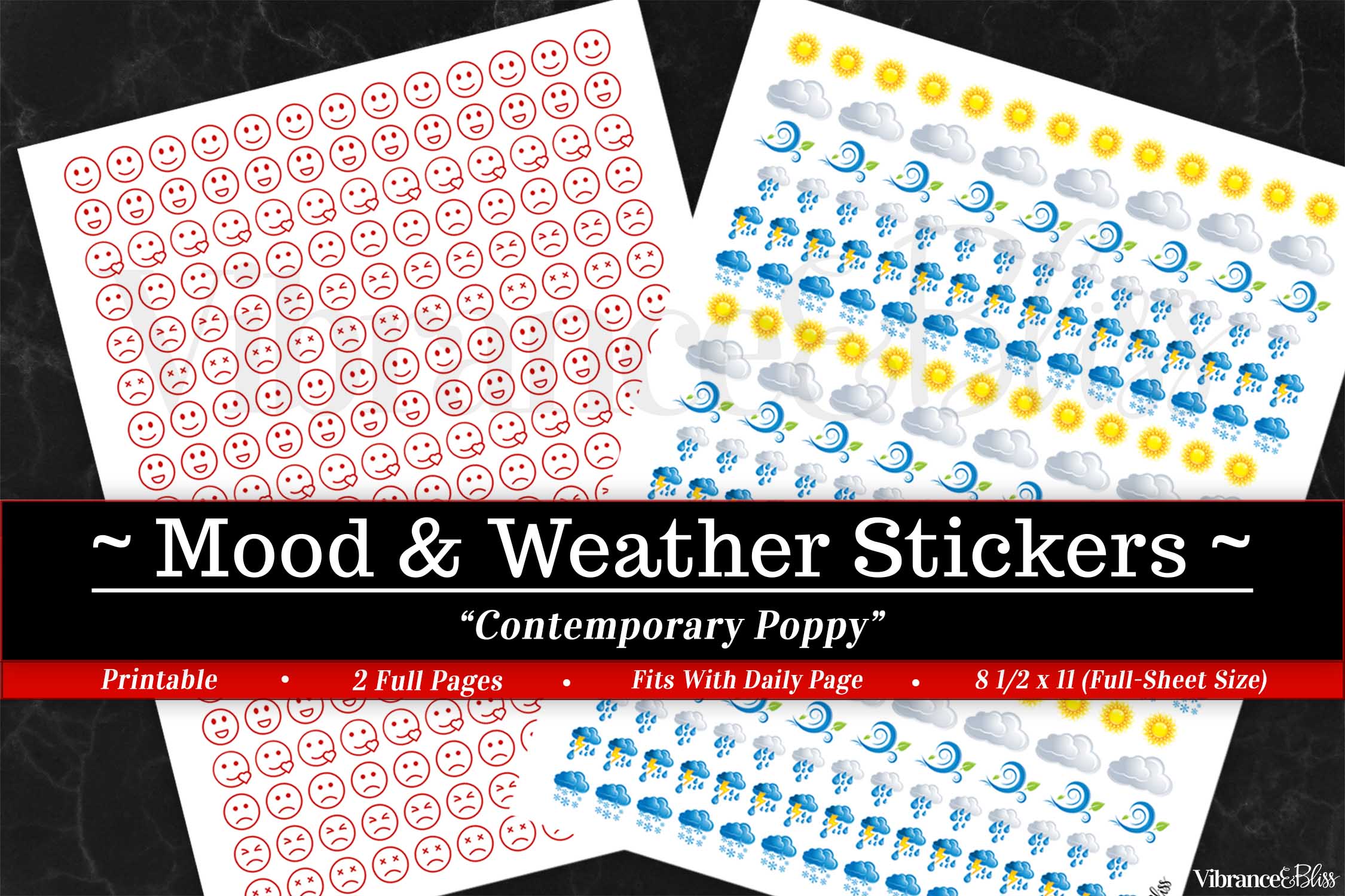 Two printable sticker sheets from the Bundle: Planner Basics in Contemporary Poppy—one with red gradient mood faces (sad to happy), and one with sun, clouds, rain & storm weather icons. Text overlay: “Mood & Weather Stickers—Contemporary Poppy.”.