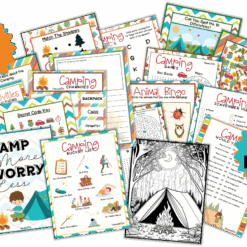 A collage of the Camping Bucket List & Activity Pack shows colorful PDF activity sheets for kids with 44 pages of scavenger hunts, games, checklists, and coloring pages. Playful designs include tents, campfires, and animals.