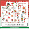 The Christmas Bucket List is a colorful printable featuring festive illustrations, activities like decorating and baking, a candy-cane border, and a lined page for your own ideas.