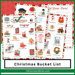 The Christmas Bucket List is a colorful printable featuring festive illustrations, activities like decorating and baking, a candy-cane border, and a lined page for your own ideas.