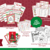 A promo image for the Christmas Planning & Activity Bundle shows sample pages from the 112-page printable PDF set featuring a planner, games, activities, conversation starters, cards, and coloring pages on a red holiday-themed background.