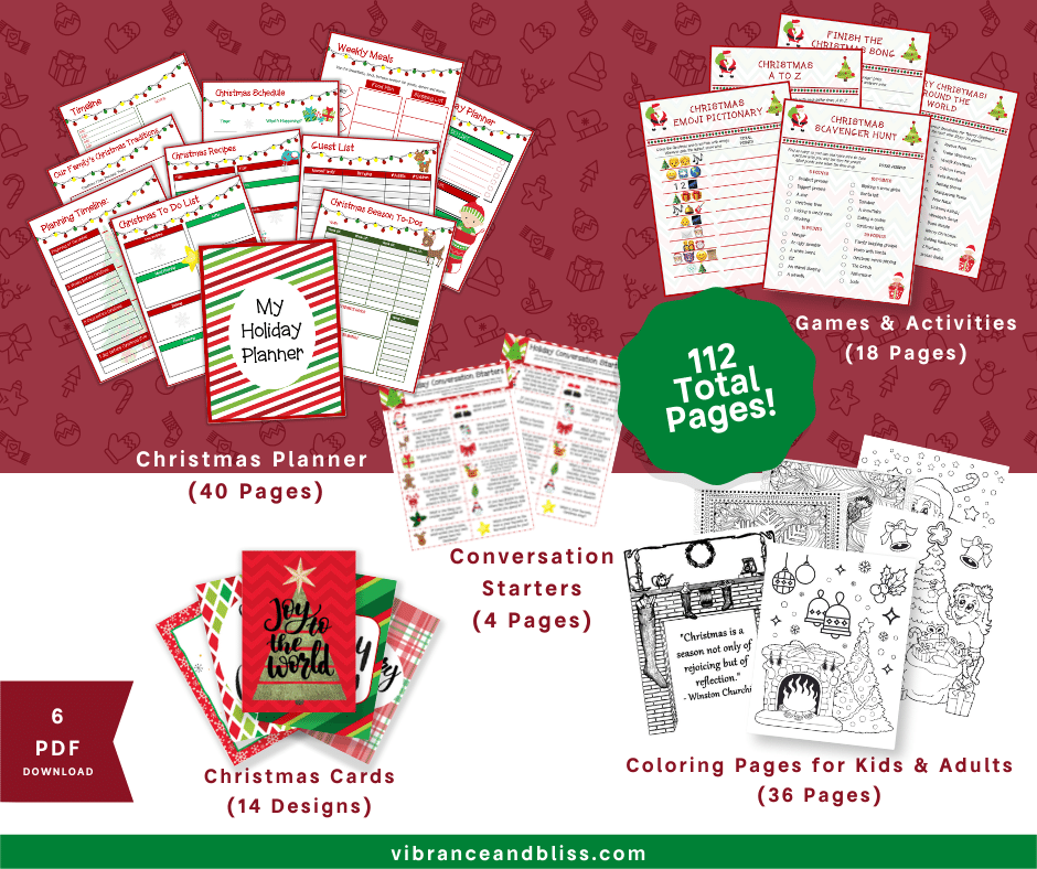 A promo image for the Christmas Planning & Activity Bundle shows sample pages from the 112-page printable PDF set featuring a planner, games, activities, conversation starters, cards, and coloring pages on a red holiday-themed background.