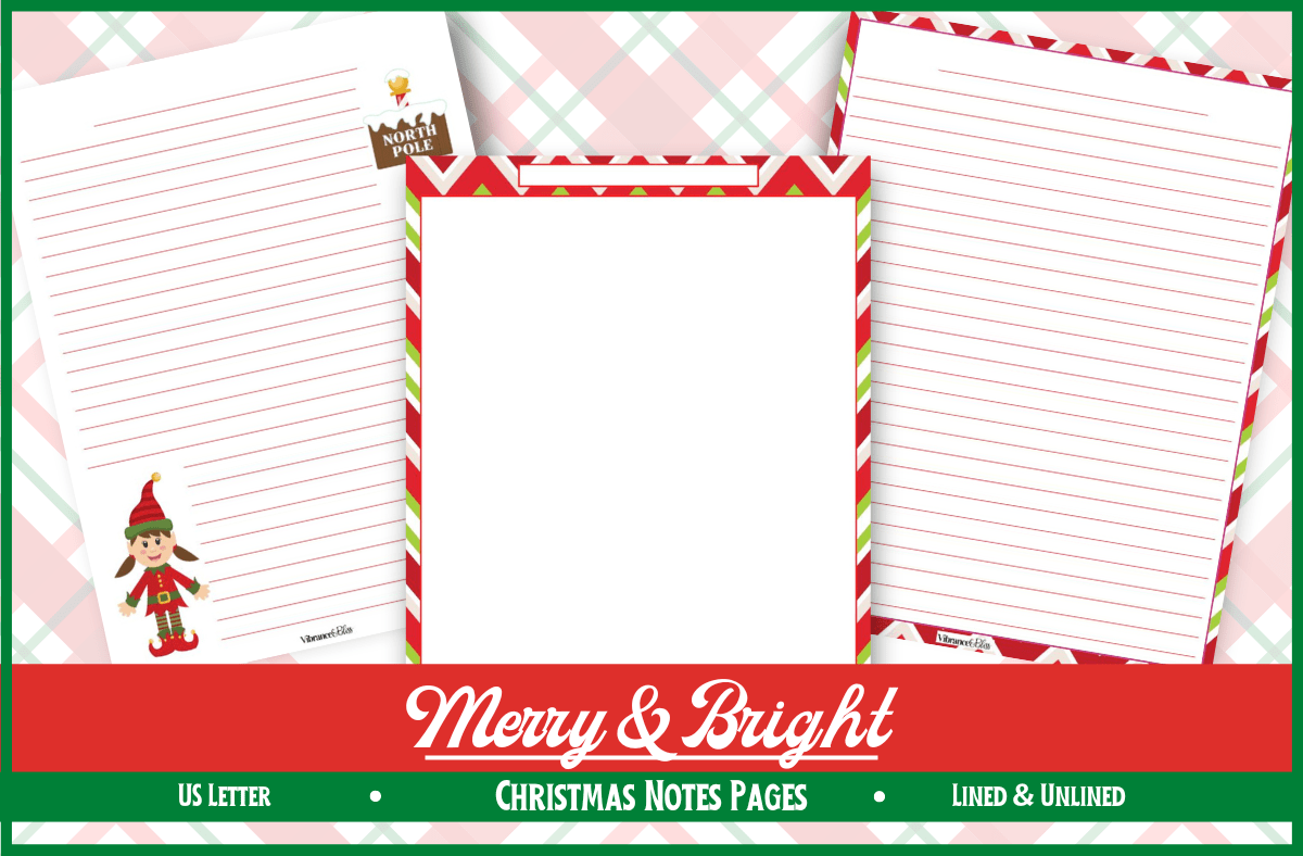 The Christmas Notes Pages set includes three festive sheets: two lined with elf and mailbox designs on the sides, and one unlined page with a red and green decorative border featured in the center.