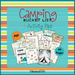 The Camping Bucket List & Activity Pack features 44 illustrated pages of camping activities, checklists, coloring sheets, and games by Vibrant Bliss, shown in a fan layout on a striped background.