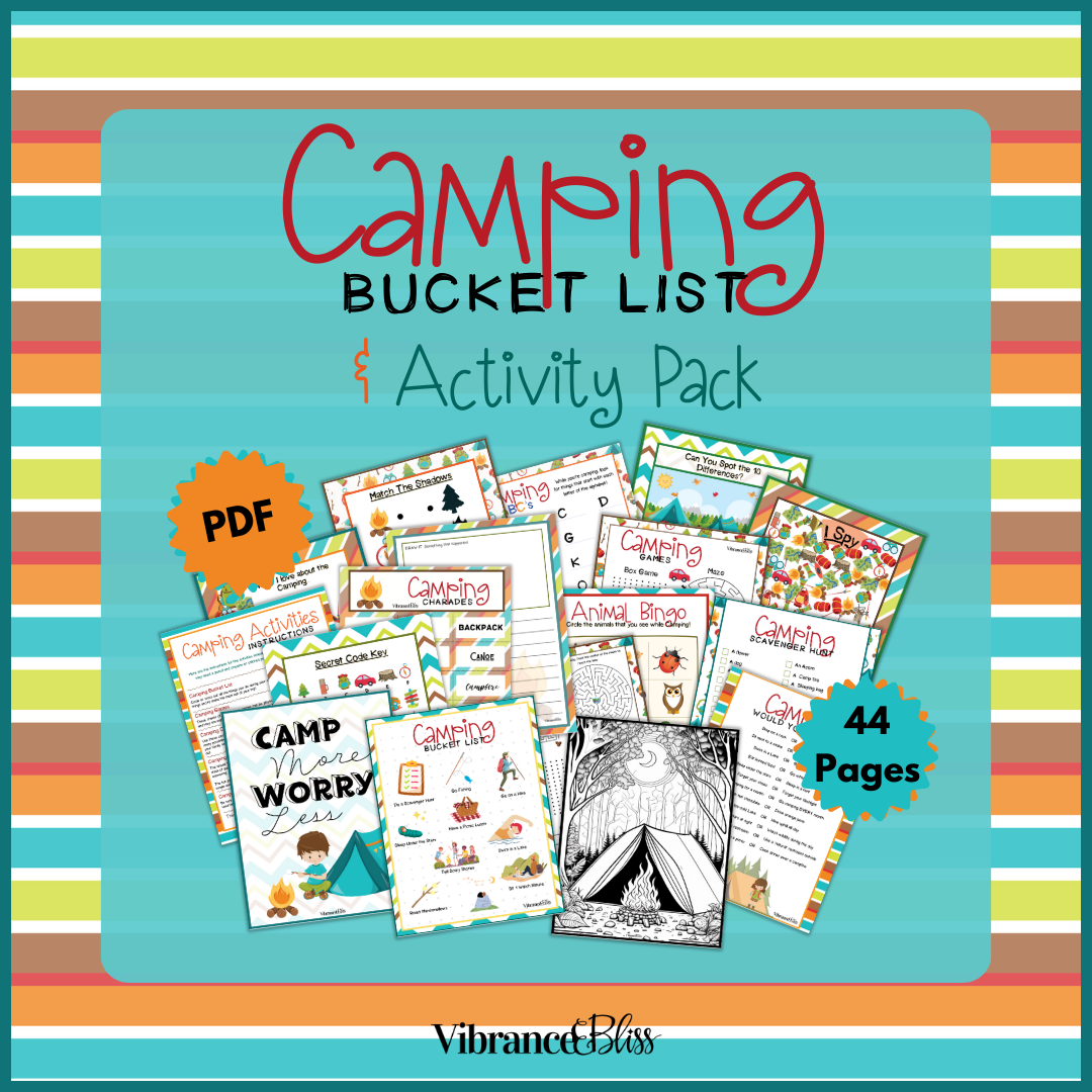 The Camping Bucket List & Activity Pack features 44 illustrated pages of camping activities, checklists, coloring sheets, and games by Vibrant Bliss, shown in a fan layout on a striped background.