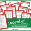 The December Journaling Kit offers 15 festive planner pages with prompts, goals, quotes, reflections, and activities. Each page features red borders, green accents, snowflakes, and holiday-themed graphics for a cheerful December experience.