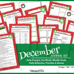 The December Journaling Kit offers 15 festive planner pages with prompts, goals, quotes, reflections, and activities. Each page features red borders, green accents, snowflakes, and holiday-themed graphics for a cheerful December experience.