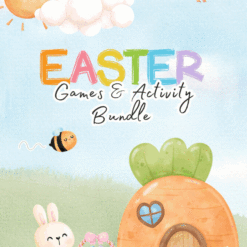 A vibrant Easter Games & Activity Bundle cover shows a bunny, bee, chick, carrot house, grass, flowers, clouds, and a sunny sky with cheerful “Easter Games & Activity Bundle” text.