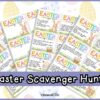 The Easter Scavenger Hunt features four vibrant cards with bunnies and eggs on a pastel egg-patterned background. “Easter Scavenger Hunt” is displayed in bold text.