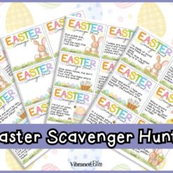 The Easter Scavenger Hunt features four vibrant cards with bunnies and eggs on a pastel egg-patterned background. “Easter Scavenger Hunt” is displayed in bold text.
