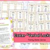 The Easter "Verbal Lockdown" is a set of 12 colorful printable game cards with instructions, featuring an Easter theme on a pink, egg-patterned background.