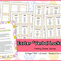 The Easter "Verbal Lockdown" is a set of 12 colorful printable game cards with instructions, featuring an Easter theme on a pink, egg-patterned background.