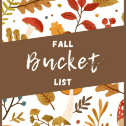 Animated image showcasing the Fall Bucket List Planner (Undated) text on a brown banner, surrounded by colorful autumn leaves, mushrooms, and acorns on a cheerful, hand-drawn fall-themed background.