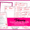 February Journal Prompt Kit image featuring eight pink, heart-themed journaling pages with prompts, daily reflections, personal statements, and fun word lists. Cover text notes PDF format and US Letter size.