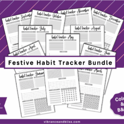 The Festive Habit Trackers bundle features printable monthly sheets, each labeled by month and shown in a fanned-out display. Includes a PDF download with both color and black-and-white options.