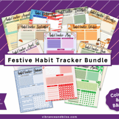 A display of colorful Festive Habit Trackers with unique monthly themes. PDF download available in color and black & white.
