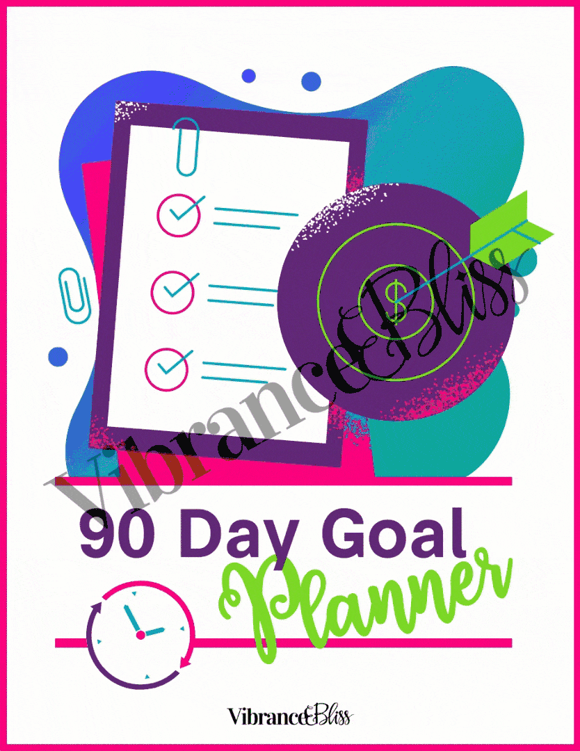 Colorful illustration featuring a checklist, a target with an arrow, a clock, and bold "90 Day Goal Planner" text. The background includes abstract shapes.