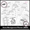 Preview the 46-page Home Management Planner (B&W) PDF, featuring printable organizer pages—meal planner, to-do list, bills tracker, cleaning checklists—and a home-themed cover with a bold title.