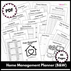 Preview the 46-page Home Management Planner (B&W) PDF, featuring printable organizer pages—meal planner, to-do list, bills tracker, cleaning checklists—and a home-themed cover with a bold title.