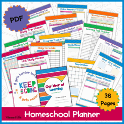 Assorted colorful homeschool planner pages, including schedules, trackers, logs, and planners, displayed with a PDF label and "38 Pages" noted at the bottom.