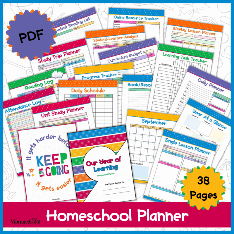 Assorted colorful homeschool planner pages, including schedules, trackers, logs, and planners, displayed with a PDF label and "38 Pages" noted at the bottom.