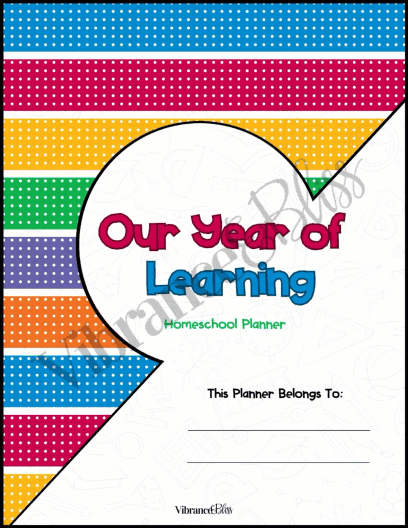 Full preview of all unique pages of the bold & colorful homeschool planner.