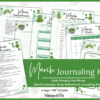 March Journal Prompt Kit with colorful printable pages featuring rainbows, shamrocks, and green accents. Includes prompts, event lists, calendar, planning pages, goal setting, and daily reflection activities.