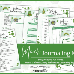 March Journal Prompt Kit with colorful printable pages featuring rainbows, shamrocks, and green accents. Includes prompts, event lists, calendar, planning pages, goal setting, and daily reflection activities.