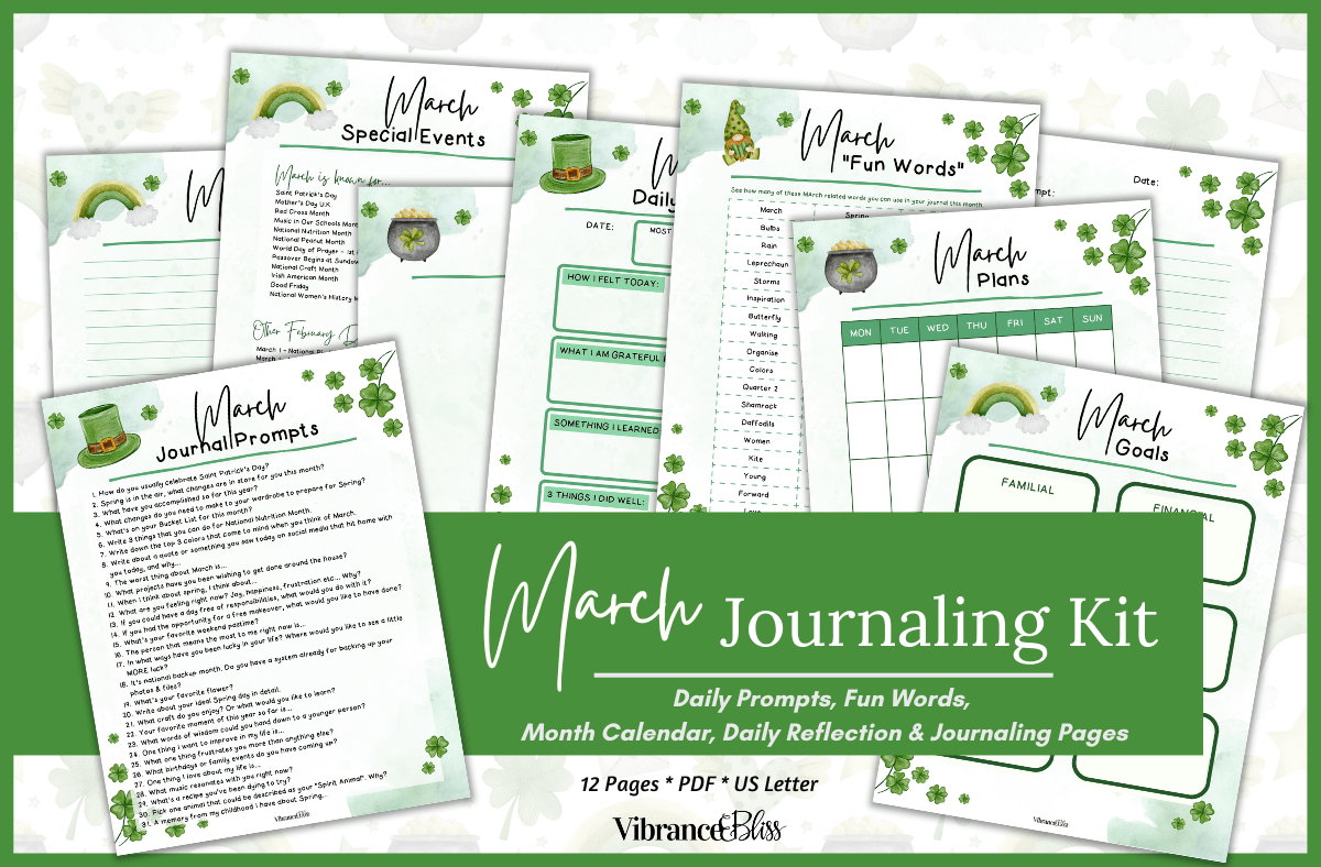 March Journal Prompt Kit with colorful printable pages featuring rainbows, shamrocks, and green accents. Includes prompts, event lists, calendar, planning pages, goal setting, and daily reflection activities.