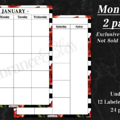 January's floral-themed planner pages from the "Bundle: Planner Basics in Contemporary Poppy" offer space for each day and notes. Features include a month on 2 undated pages, 12 labeled months, 24 total pages, and bundle exclusivity.