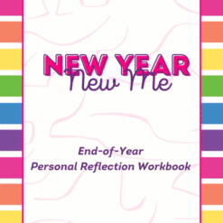 Cover of a workbook titled "A New Year, A New Me Planner," featuring a colorful striped border and an abstract background.