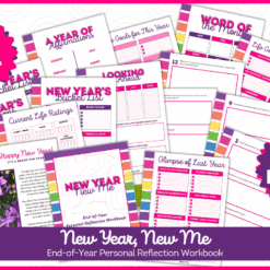 A New Year, A New Me Planner is a vibrant 16-page PDF featuring worksheets for affirmations, goal setting, bucket lists, reflections, and life ratings—perfect for end-of-year personal reflection.