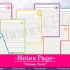 Colorful lined note pages with flower doodles in the corners, shown in vibrant layouts. A pink banner at the bottom says: Notes (Whimsy Twist), featuring design and size details.