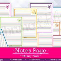 Colorful lined note pages with flower doodles in the corners, shown in vibrant layouts. A pink banner at the bottom says: Notes (Whimsy Twist), featuring design and size details.