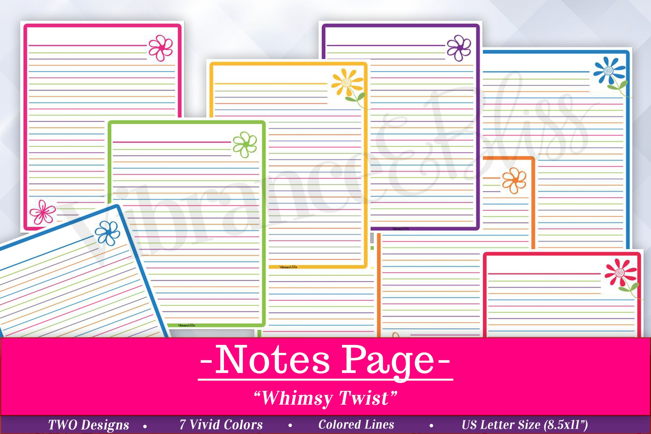 Colorful lined note pages with flower doodles in the corners, shown in vibrant layouts. A pink banner at the bottom says: Notes (Whimsy Twist), featuring design and size details.