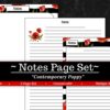 A printable note page set with black and white stripes, red poppy illustrations, lined writing areas. Text: Bundle: Planner Basics in Contemporary Poppy, 3 customizable pages, available in multiple sizes.
