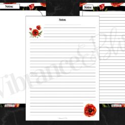 Notes" includes three pages with black and white striped borders, red poppy accents, and "Notes" at the top; two are lined, one is blank, all set against a stylish black marble background.
