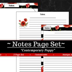 A printable note page set with black and white stripes, red poppy illustrations, lined writing areas. Text: Bundle: Planner Basics in Contemporary Poppy, 3 customizable pages, available in multiple sizes.