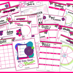 The 90 Day Goal Planner offers printable pages for goal setting, featuring a vision board, task tracker, progress reflection, resource list, quotes, and evaluation. The main page displays “90 Day Goal Planner” at the center.