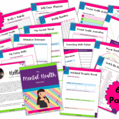 The Mental Health Planner is a vibrant 60-page PDF with printable worksheets for self-care, daily tracking, mood, coping strategies, goal setting, and positive thinking—each page features colorful illustrated designs.