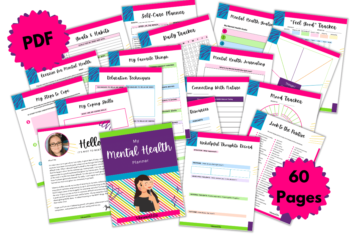 The Mental Health Planner is a vibrant 60-page PDF with printable worksheets for self-care, daily tracking, mood, coping strategies, goal setting, and positive thinking—each page features colorful illustrated designs.