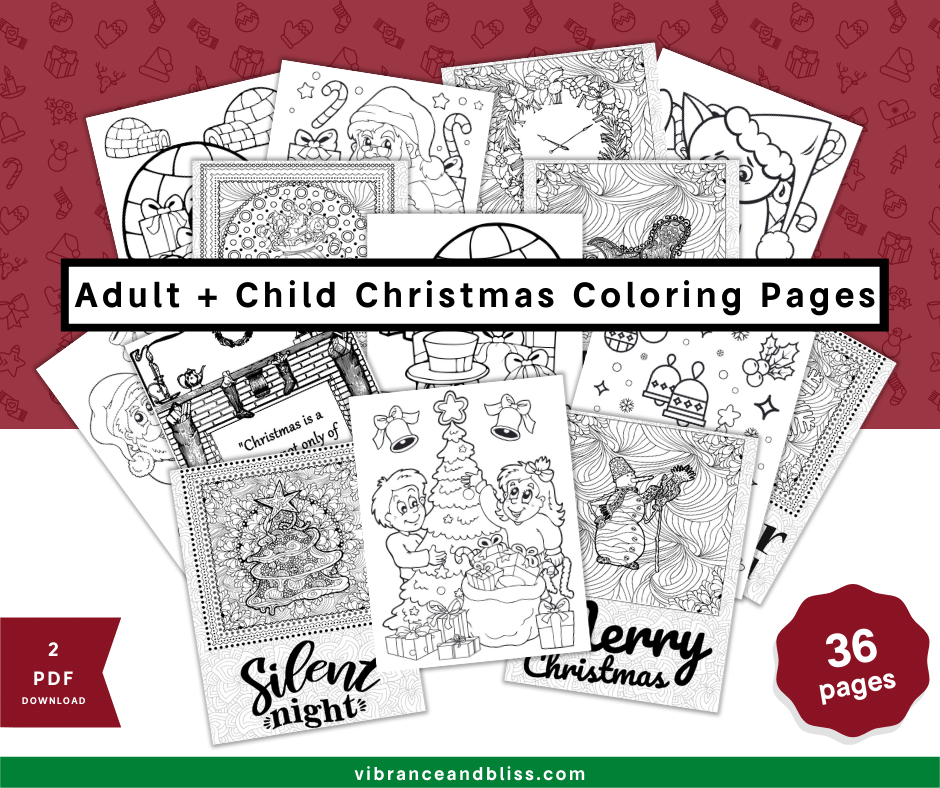 Christmas Coloring Pages for Adults and Kids: 36 festive black-and-white pages for all ages, featuring holiday scenes and characters. Includes two PDF downloads.