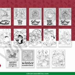 Christmas Coloring Pages for Adults and Kids: 14 black and white holiday designs featuring Santa, penguins, snowmen, reindeer, Christmas trees, ornaments, and festive lettering on a red and white background.