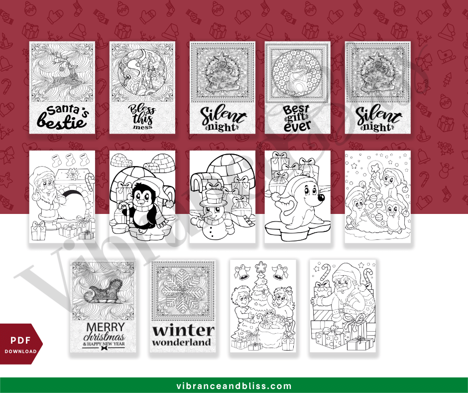 Christmas Coloring Pages for Adults and Kids: 14 black and white holiday designs featuring Santa, penguins, snowmen, reindeer, Christmas trees, ornaments, and festive lettering on a red and white background.
