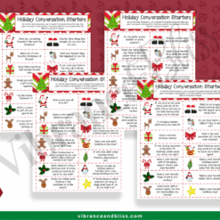 Four printable “Christmas Conversation Starters” sheets feature colorful holiday icons and question lists to inspire festive conversations. The overlapping sheets are set against a red and white background.
